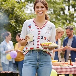 Quacker Factory Fourth July Independence Day  Patriotic American Flag Cardigan L